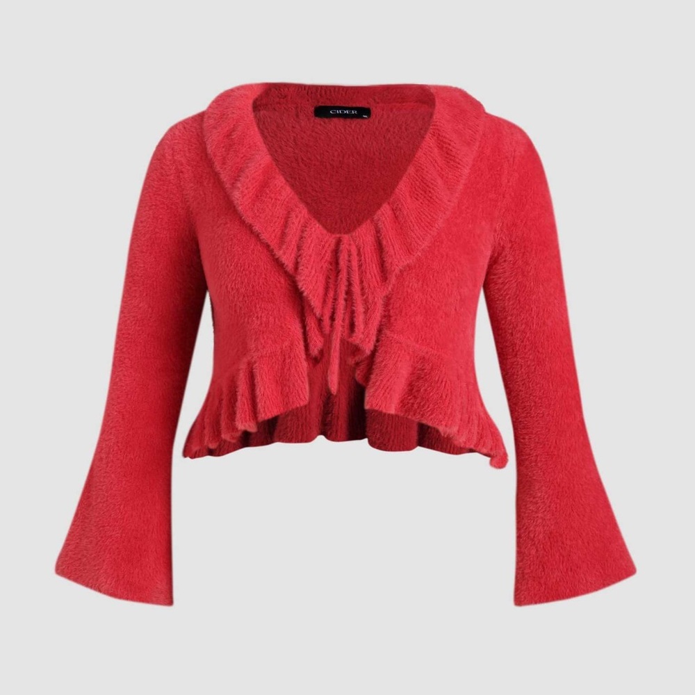 NEW CIDER RED SOLID FLUFFY BELL SLEEVE KNIT CROPPED CARDIGAN